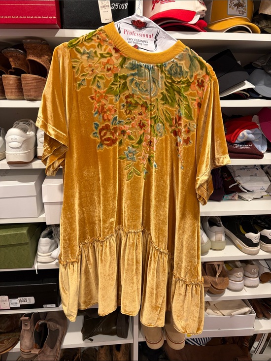 Free People Dresses & Skirts - Free People Mustard Velvet Floral Embroidered Mini Dress